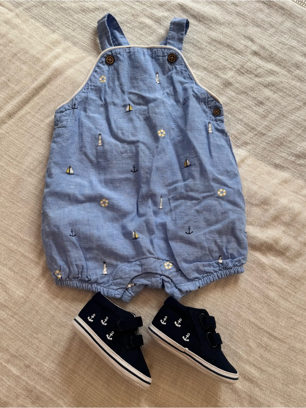 Janie and Jack Blue Nautical Embroidered Romper with Navy Anchor Sneakers